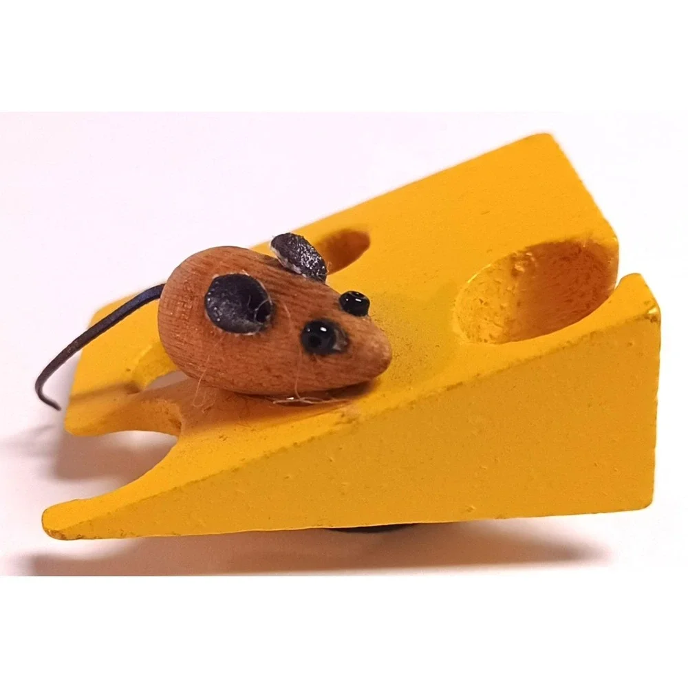 Vintage 1996 Handmade Wood Mouse Swiss Cheese Magnet 90s Folk Art Craft Dated
